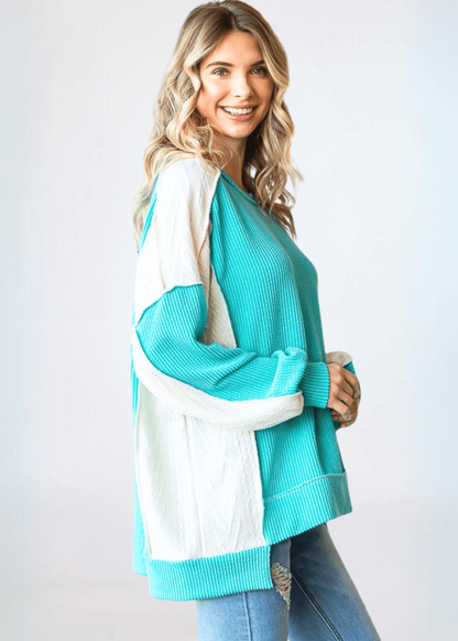 Mixed Media Oversized Color Block Pullover CLEARANCE FINAL SALE