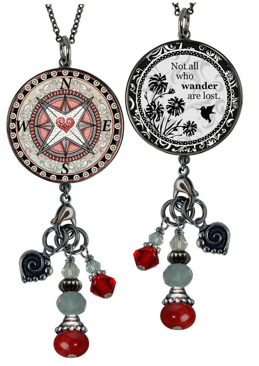 Red Crystal Reversible Dangle Compass Inspirational Necklace Made in USA