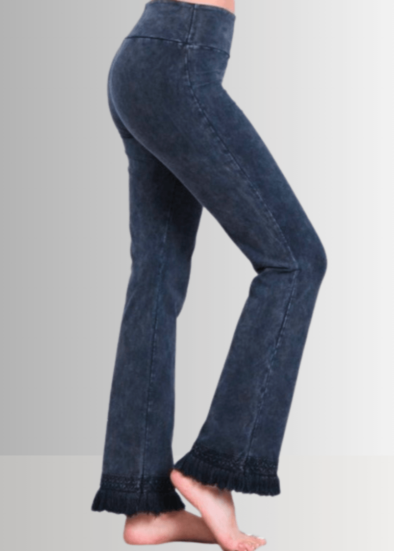 Mineral Washed Crochet Fringe Hem Pants in Plus Size (Dark Denim)