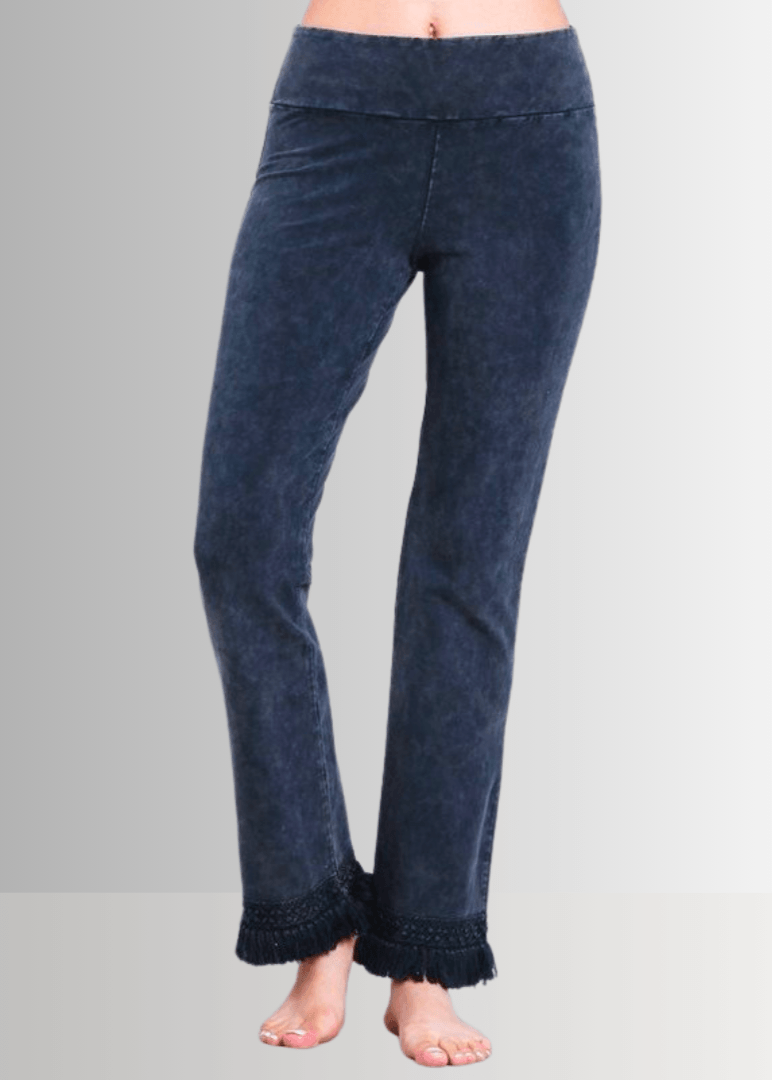 Mineral Washed Crochet Fringe Hem Pants in Plus Size (Dark Denim)
