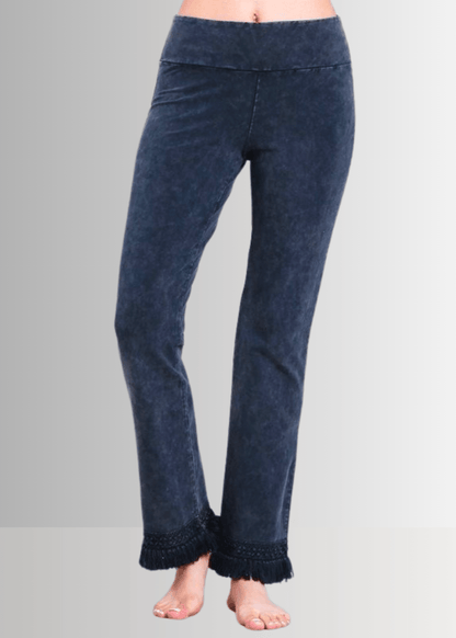 Mineral Washed Cropped Pants with Crochet Fringe Hem (Dark Denim)