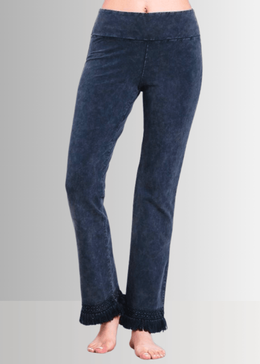 Mineral Washed Cropped Pants with Crochet Fringe Hem (Dark Denim)