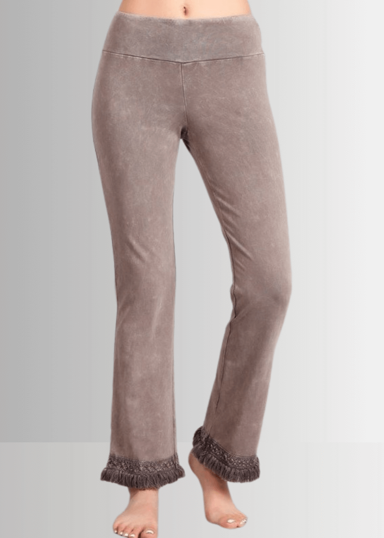 Mineral Washed Cropped Pants with Crochet Fringe Hem (Taupe)