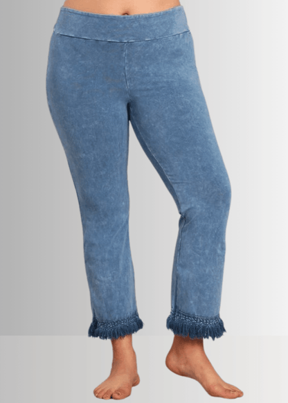 Mineral Washed Crochet Fringe Hem Pants in Plus Size (Light Denim)