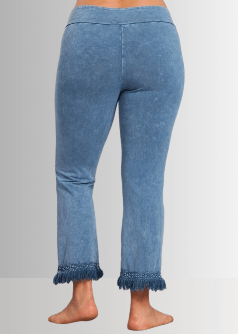 Mineral Washed Crochet Fringe Hem Pants in Plus Size (Light Denim)
