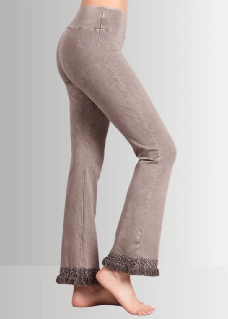 Mineral Washed Crochet Fringe Hem Pants in Plus Size (Desert Taupe)