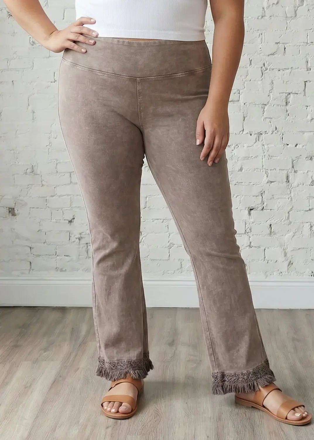 Mineral Washed Crochet Fringe Hem Pants in Plus Size (Desert Taupe)