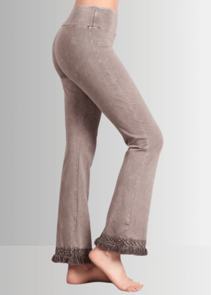 Mineral Washed Cropped Pants with Crochet Fringe Hem (Taupe)