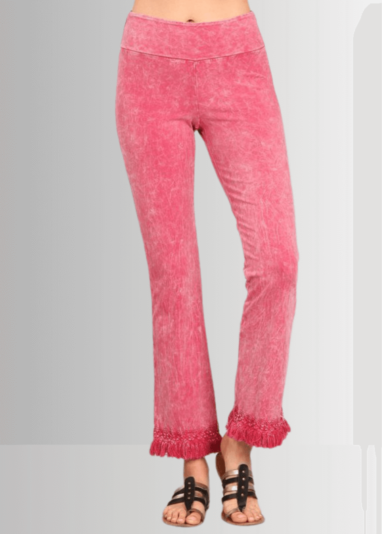 Mineral Washed Cropped Pants with Crochet Fringe Hem (Pink)