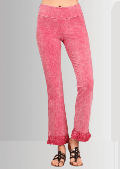 Mineral Washed Cropped Pants with Crochet Fringe Hem (Pink)