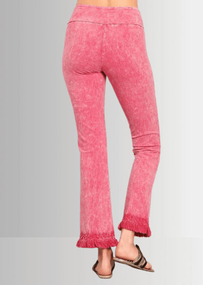 Mineral Washed Cropped Pants with Crochet Fringe Hem (Pink)