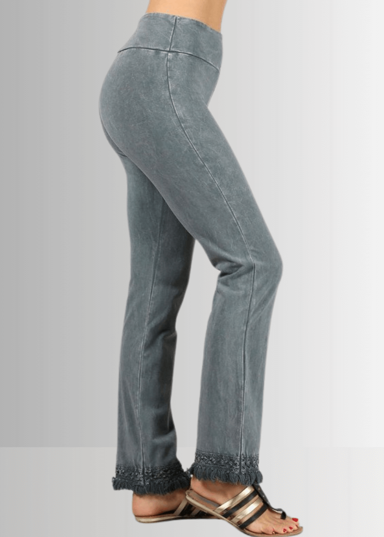 Mineral Washed Crochet Fringe Hem Pants in Plus Size (Gray Denim)