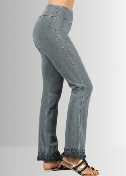 Mineral Washed Crochet Fringe Hem Pants in Plus Size (Gray Denim)