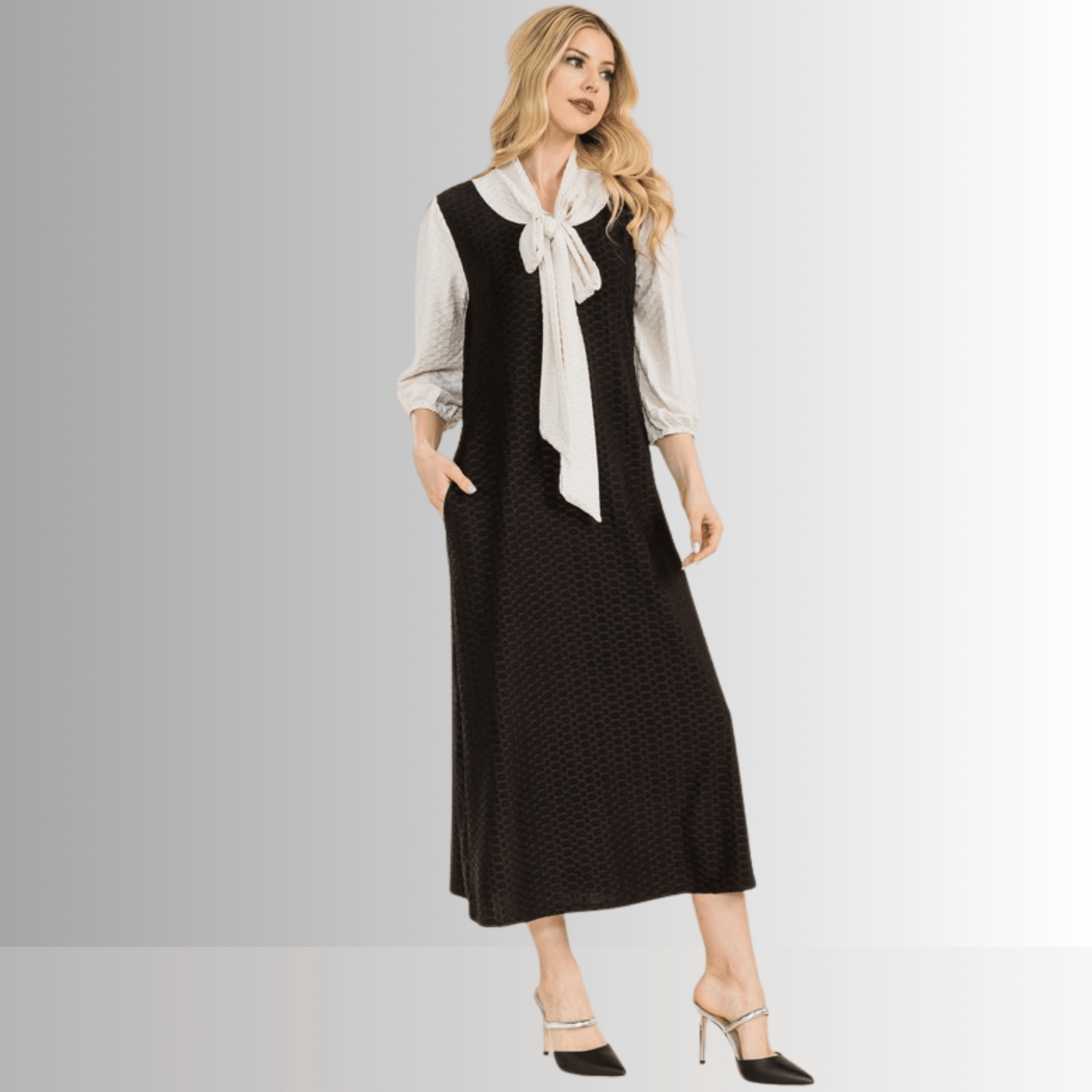 Honeycomb Jersey Classic Bowtie Midi Dress Clearance Final Sale
