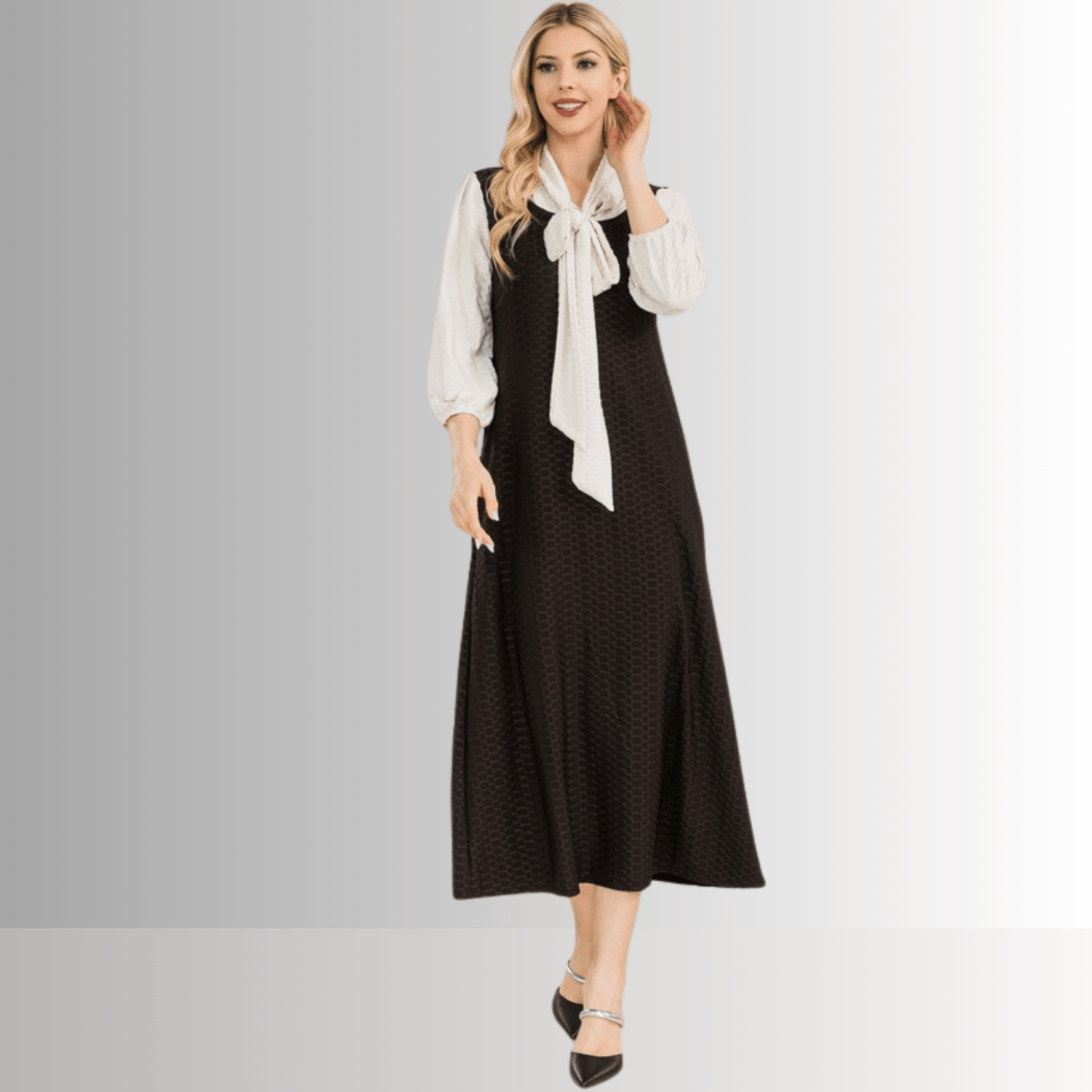 Honeycomb Jersey Classic Bowtie Midi Dress Clearance Final Sale