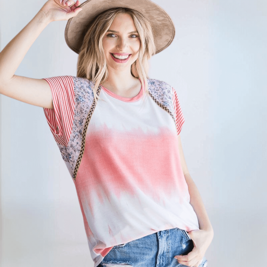Tie Dye Coral Trim Top Made in USA