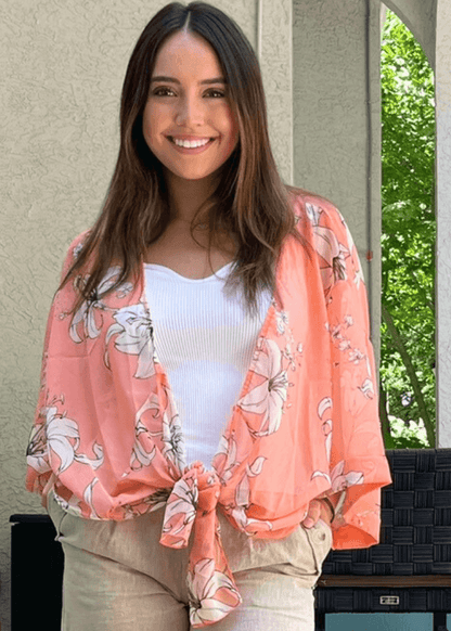 Sheer Floral Tie Front Kimono Cardigan in Coral