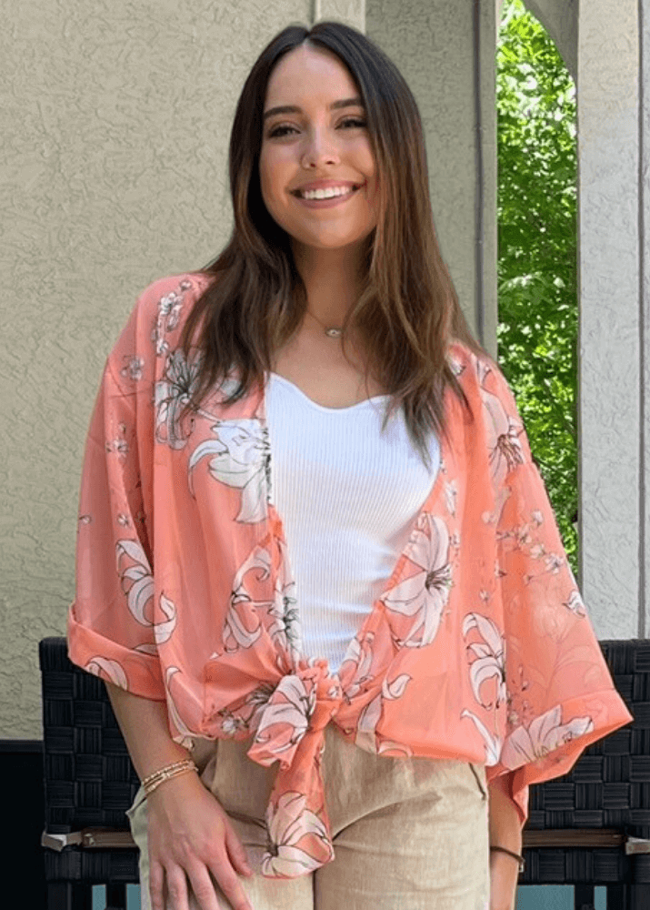 Sheer Floral Tie Front Kimono Cardigan in Coral