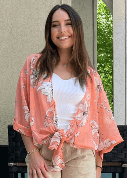Sheer Floral Tie Front Kimono Cardigan in Coral