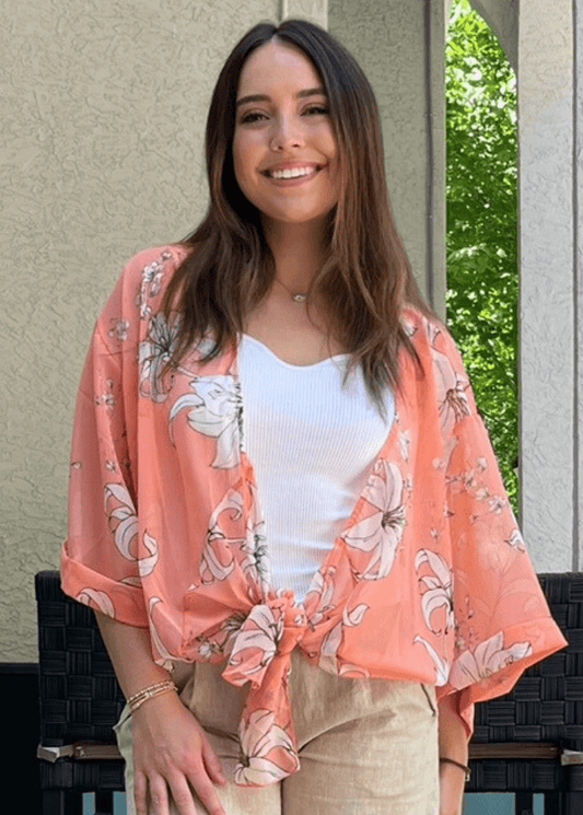 Sheer Floral Tie Front Kimono Cardigan in Coral
