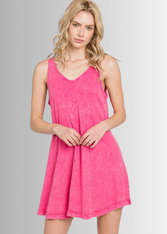 Lainey Ribbed Cotton Mini Dress in Fuchsia