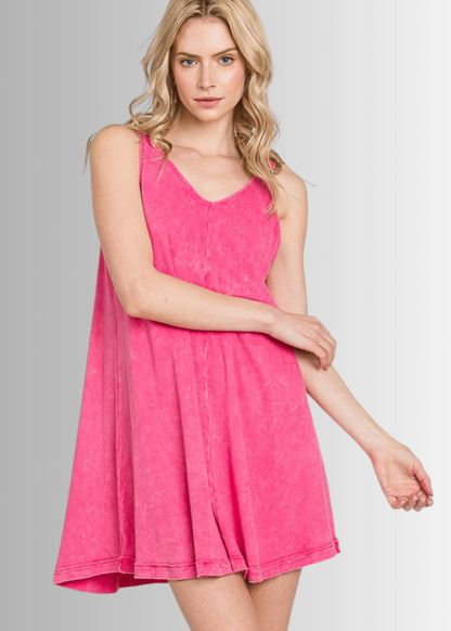 Lainey Ribbed Cotton Mini Dress in Fuchsia