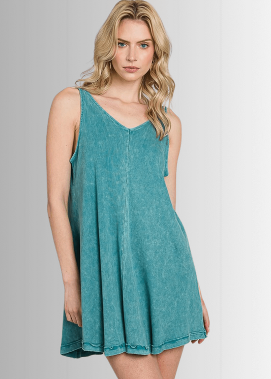 Lainey Ribbed Cotton Mini Dress in Teal