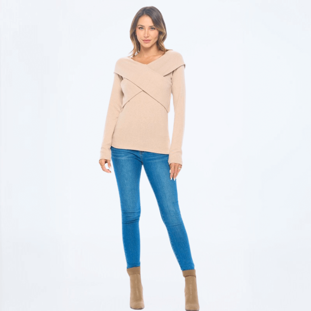 Cashmere Feel Wrap Detail Off Sweater Top Made in USA