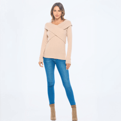 Cashmere Feel Wrap Detail Off Sweater Top Made in USA