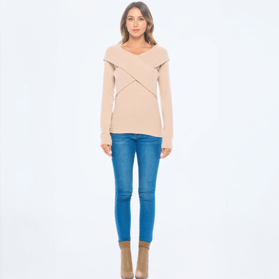 Cashmere Feel Wrap Detail Off Sweater Top Made in USA