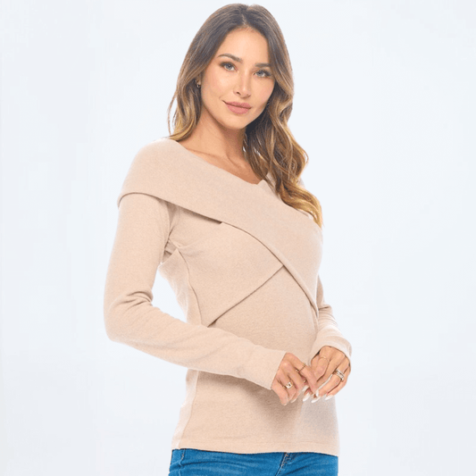 Cashmere Feel Wrap Detail Off Sweater Top Made in USA