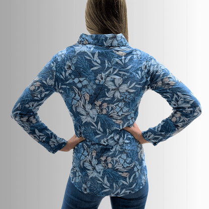 Designer Blue Floral Rhinestone Embellished Top Made in USA