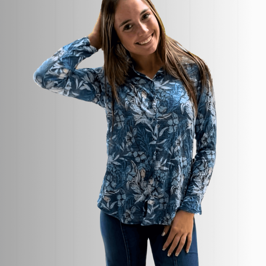 Designer Blue Floral Rhinestone Embellished Top Made in USA