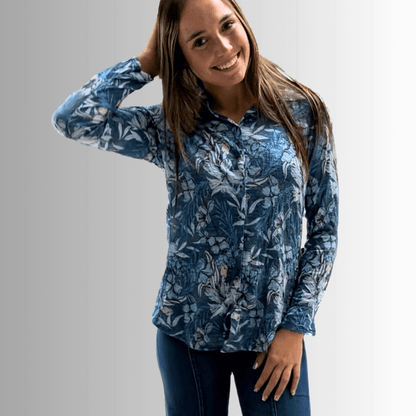 Designer Blue Floral Rhinestone Embellished Top Made in USA