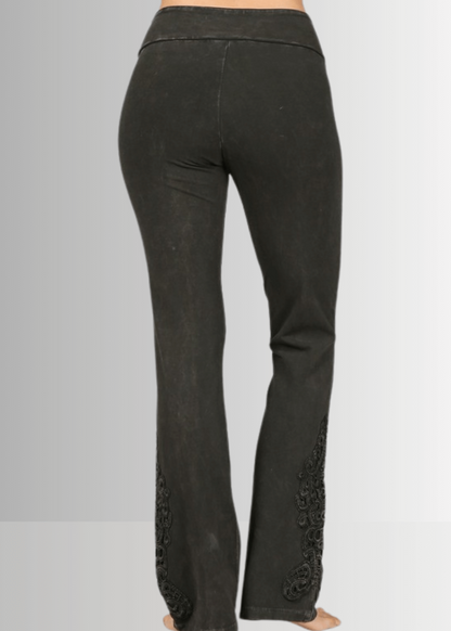 Mineral Washed Bootcut Jeggings Crochet Detail in Dark Moss Green