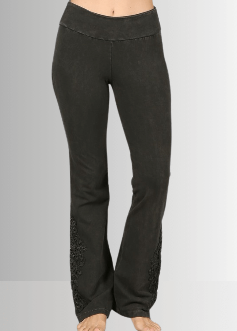 Mineral Washed Bootcut Jeggings Crochet Detail in Dark Moss Green