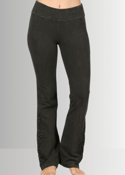Mineral Washed Bootcut Jeggings Crochet Detail in Dark Moss Green