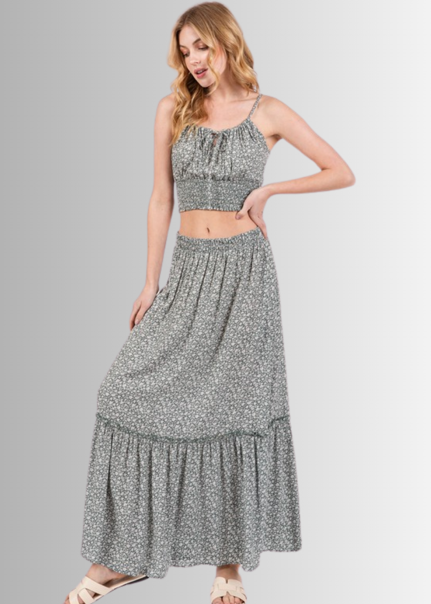 Pine Dove Sage Ditsy Floral Maxi Skirt Made in USA