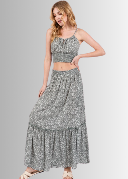 Pine Dove Sage Ditsy Floral Maxi Skirt Made in USA