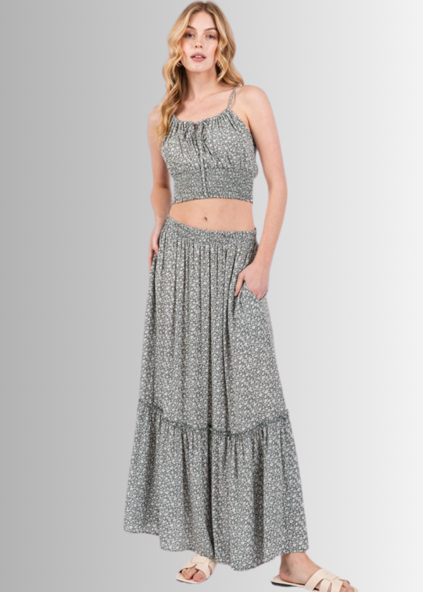 Pine Dove Sage Ditsy Floral Maxi Skirt Made in USA
