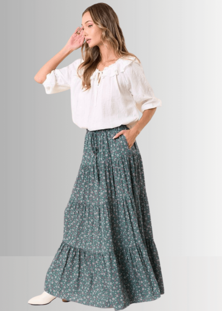 Elizabeth Agave Floral Tiered Maxi Skirt