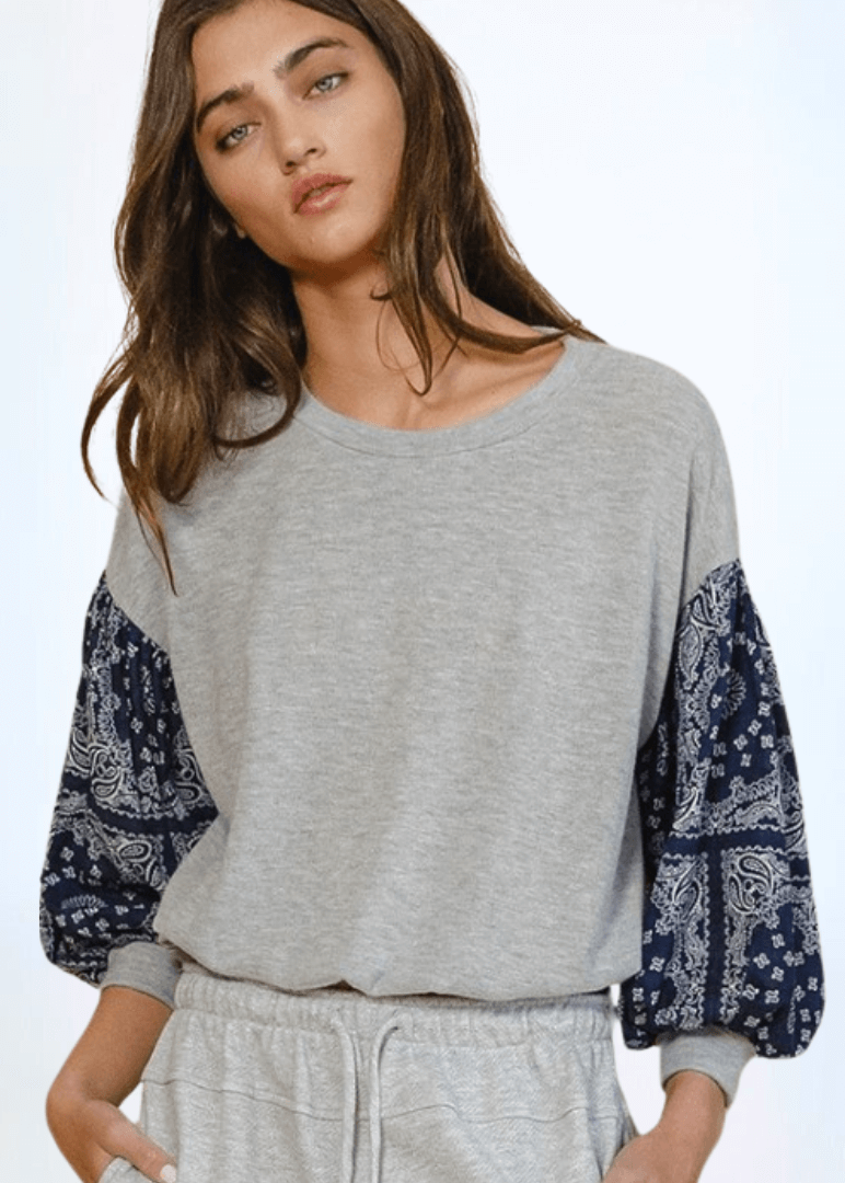Color Block Paisley Sleeve Cropped Sweatshirt Made in USA