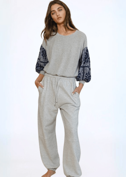 Color Block Paisley Sleeve Cropped Sweatshirt Made in USA
