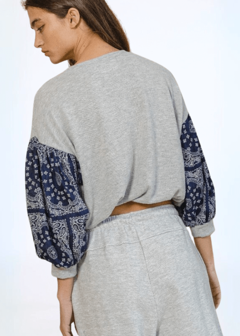 Color Block Paisley Sleeve Cropped Sweatshirt Made in USA
