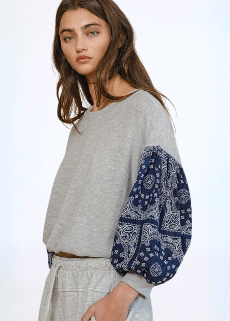 Color Block Paisley Sleeve Cropped Sweatshirt Made in USA