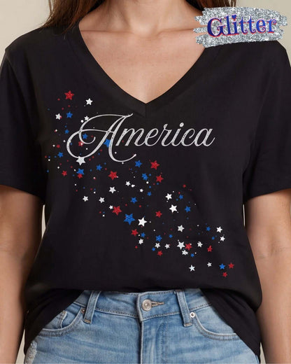 Glitter Patriotic Cascading Stars Graphic on True American Cotton V-Neck Tee