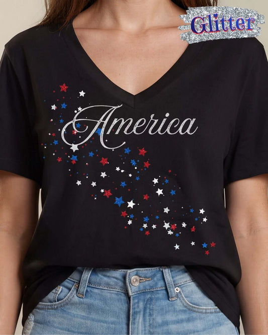 Glitter Patriotic Cascading Stars Graphic on True American Cotton V-Neck Tee