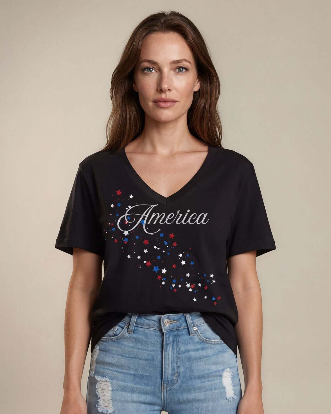 Glitter Patriotic Cascading Stars Graphic on True American Cotton V-Neck Tee