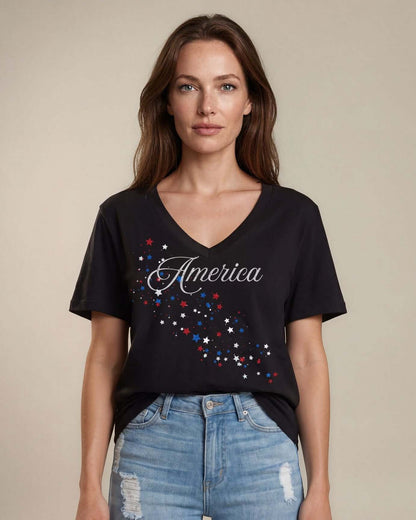 Glitter Patriotic Cascading Stars Graphic on True American Cotton V-Neck Tee