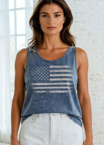 Distressed American Flag Graphic Premium Cotton Tank Vintage Wash